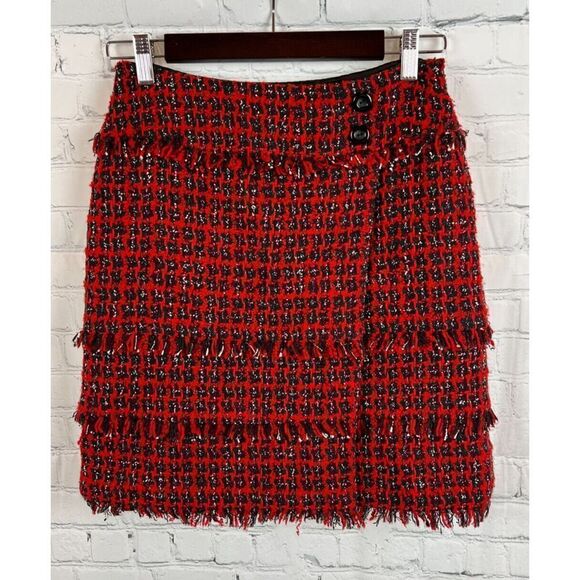 CARLISLE wool blend red black white check wrap fringe straight pencil skirt 2 - Picture 1 of 7